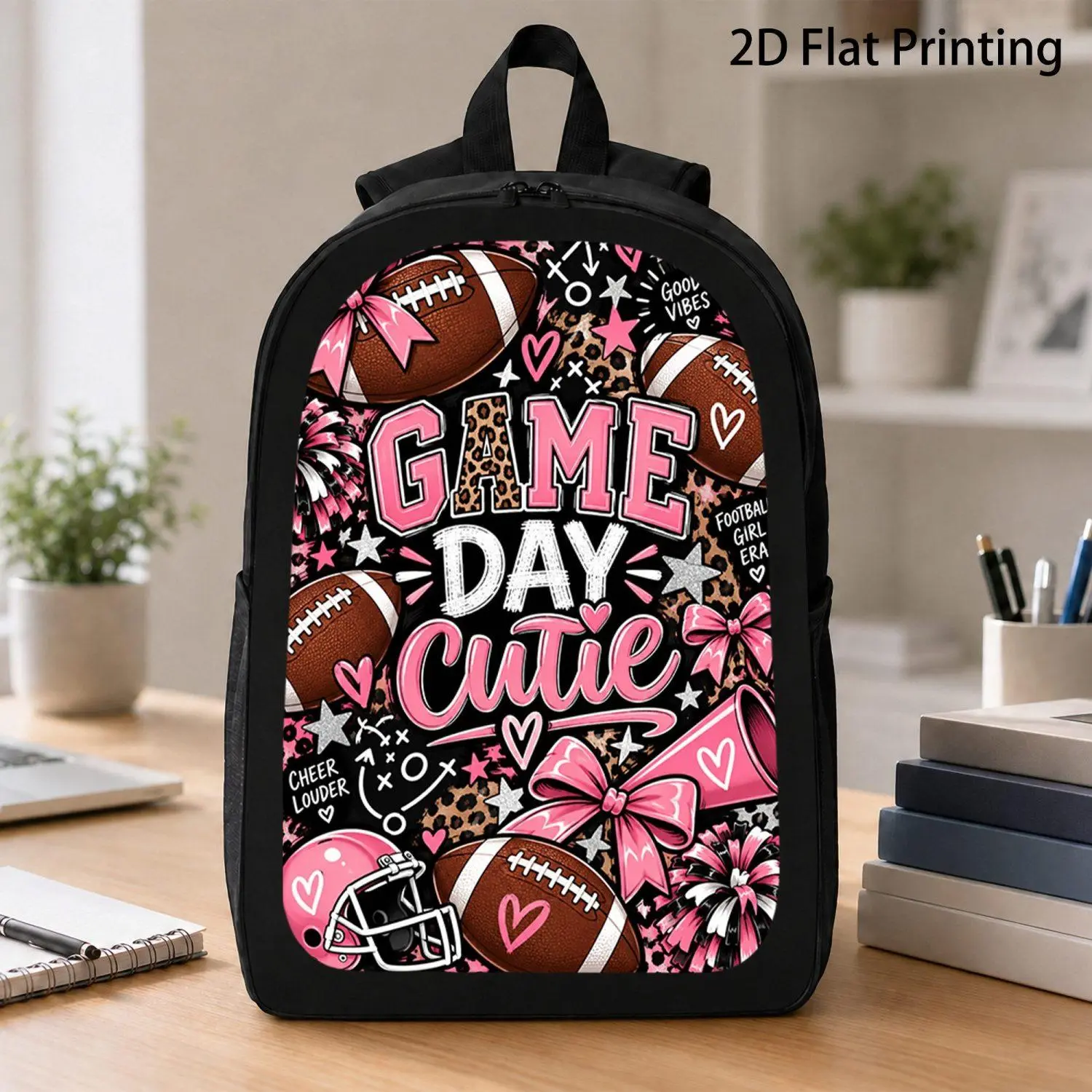 [17 Inch Backpack] 1pc Game Day Cutie Pink Bow Leopard Football Cheer Print Backpack Trendy Sports Girl Graphic Backpack For Travel And Casual Daily Life