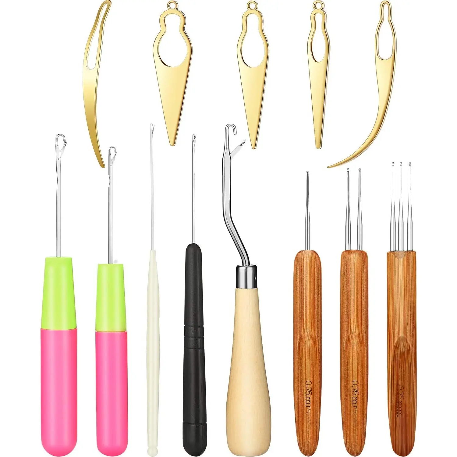 13-Piece Metal Haircare Tool Set - 5 Latch Hooks, 3 Dreadlocks Crochet Needles, 5 Smooth Locking Extensions Tools with Snag-Free Grip for Locs, Safe to Head Skin