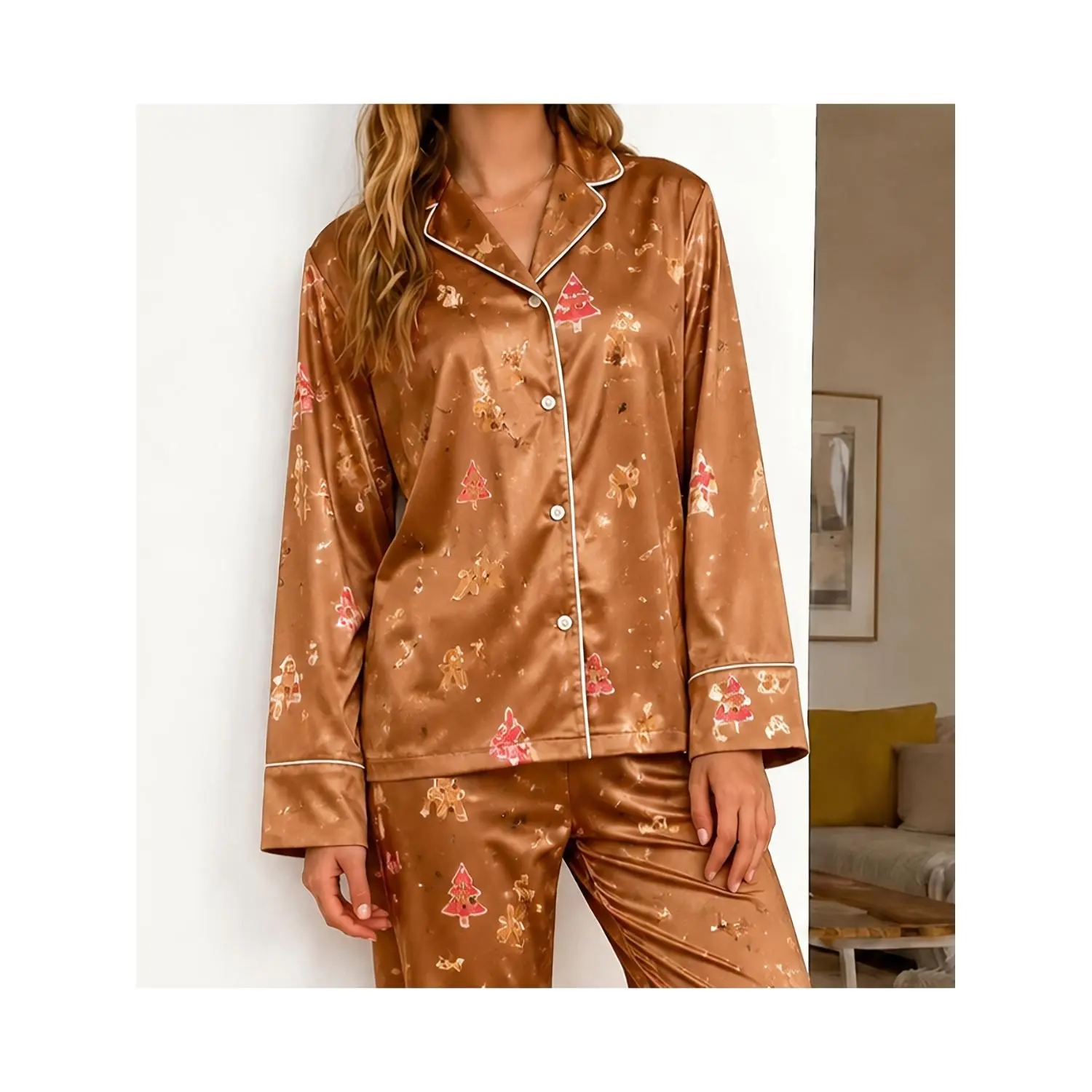 Women's Christmas Pajama Set - Gingerbread Man & Tree Print Long Sleeve Button-Up Sleepwear
