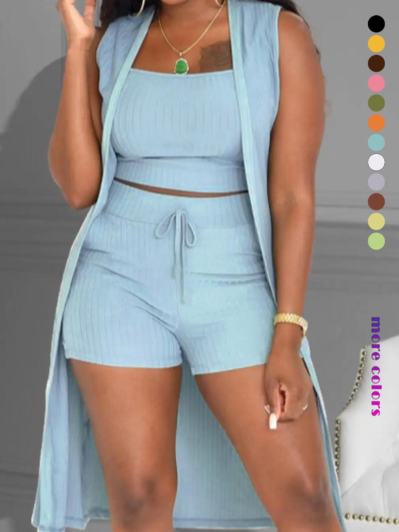 Three-Piece Set Women's Solid Ribbed Co-ord Set, Casual Crop Tank Top & Drawstring Waist Shorts & Vest Coat Set for Daily Wear, Summer Clothes, Women's Clothing