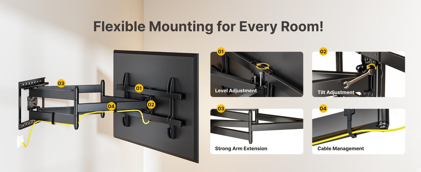 Long Arm TV Wall Mount for 43-95 Inch TVs, 42.5 Inch Extension, Swivel and Tilt, Full Motion, VESA 800 x 400mm, 132 lbs, 16',18' Studs Long Arm TV Wall Mount for 43-95 Inch TVs, 42.5 Inch Extension, Swivel and Tilt, Full Motion, VESA 800 x 400mm, 132 lbs, 16',18' Studs