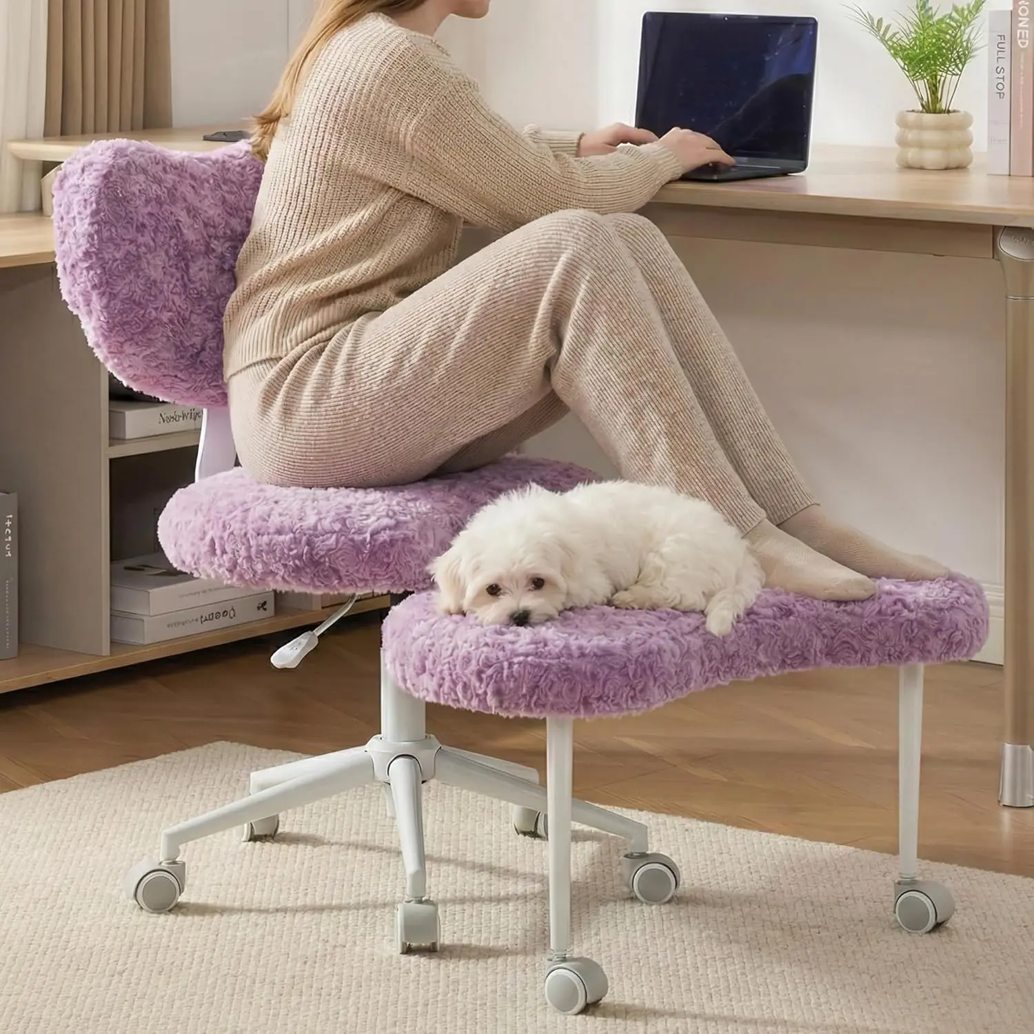 Cross Legged Chair with Footrest, Plus Size Criss Cross ADHD Office Chair, Memory Foam Cushion, Armless Swivel Desk Chair with Wheels, Active Sitting for Home Office,Artificial Rabbit Fur