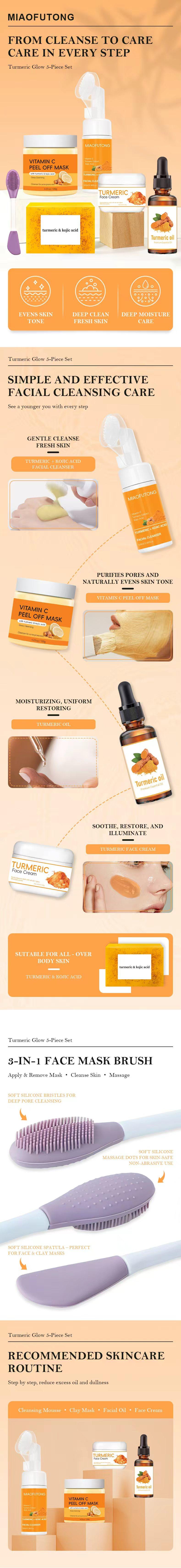 Turmeric 6-Piece Skincare Set with Massage Cleansing Brush – Includes Turmeric Clay Mask, Turmeric Mousse Cleanser, Turmeric Soap, Turmeric Face Cream, and Turmeric Oil. A complete cleansing and skincare kit