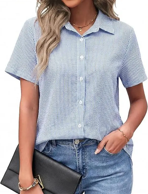 AUSELILY Womens Button Down Shirts Short Sleeve Loose Collared V Neck Tunics Summer Tops Work Casual Business Blouses
