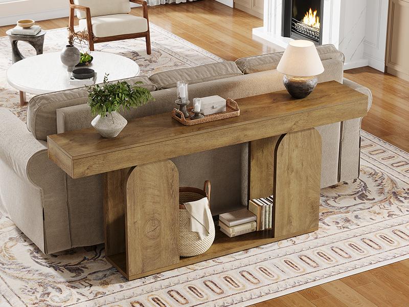Tribesigns 70.9-Inch Extra Long Farmhouse Console Table, 2-Tier Wooden Entryway Console with Storage Shelf, Sofa Table Behind Couch for Hallway, Living Room, Entrance, Light Brown