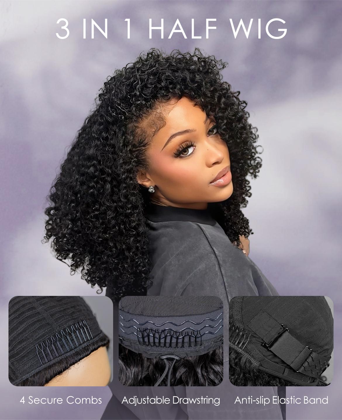 [3 IN 1 HALF WIG] Wavymy Kinky Curly 3 In 1 Seamless Flip Over Half Wig #1B30 Highlight Glueless No Lace Reusable Human Hair for 3 Hairstyles