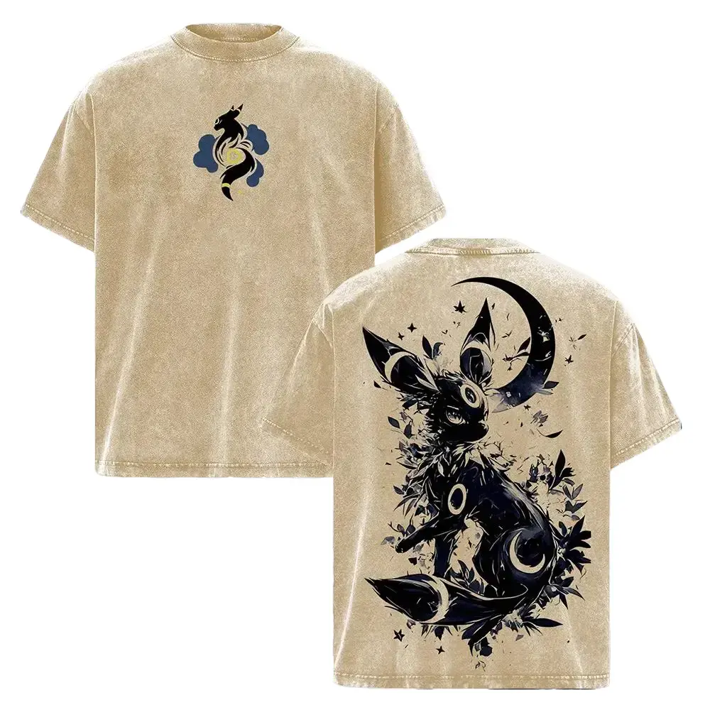 Umbreon T-Shirt - Men's Short Sleeve Classic Breathable Casual Apparel, Pocket Monsters Vintage Oversized Heavy Cotton Acid Washed Unisex Streetwear Graphic Top for Fans, Shortsleeve