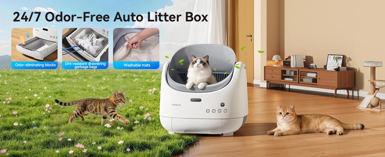 (SC07)Thereye Automatic Litter Box, Self Cleaning Litter Box for Multiple Cats, APP Control and Safety Sensors, Odor Control, Open-Top Smart Cat Litter Box with Trash Bags/Litter Mat