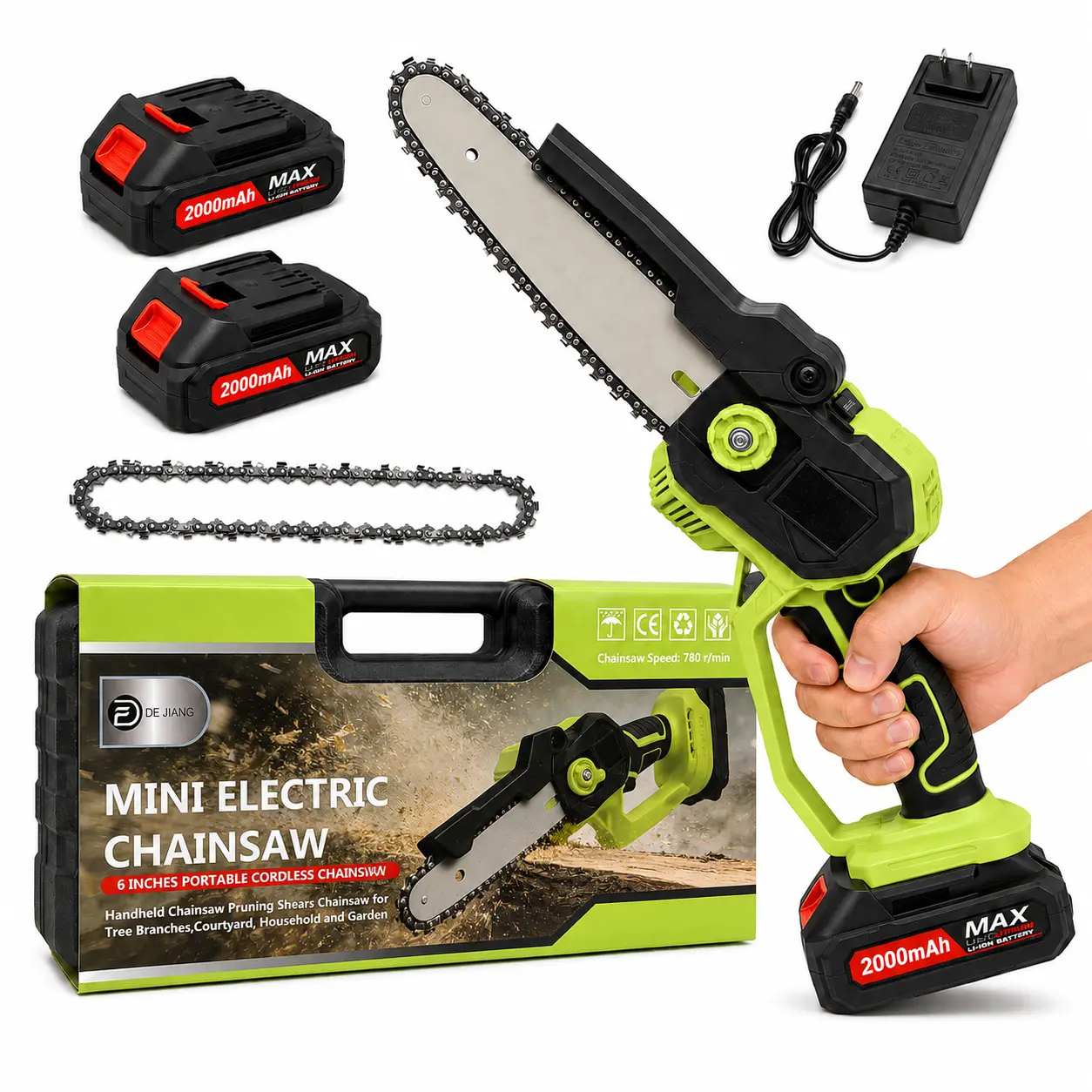 6-Inch Mini Chainsaw Cordless with 2×2000mAh Batteries, Handheld Electric Chainsaw with Carrying Case and Spare Chain for Tree Trimming, Wood Cutting, Garden Pruning, Back to School DIY Tools
