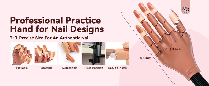 Practice Hand for Acrylic Nails, Flexible Moveable Fake Hands, Manicure Trainng Hand Nail Kit for Beginners, Movable Nail Maniquin Hand with 200PCS Nail Tips, Nail Glues, Brush and Clipper