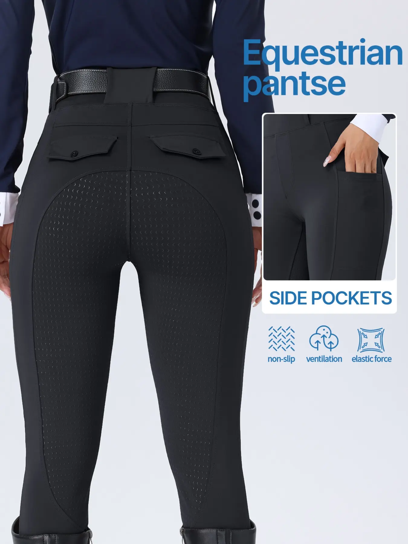 Women's High-Waisted Equestrian Pants, Athletic Bottoms, Side Pockets, Anti-Slip, Durable, Breathable, Elastic Waist, Ideal for Riding, Training, Competitions
