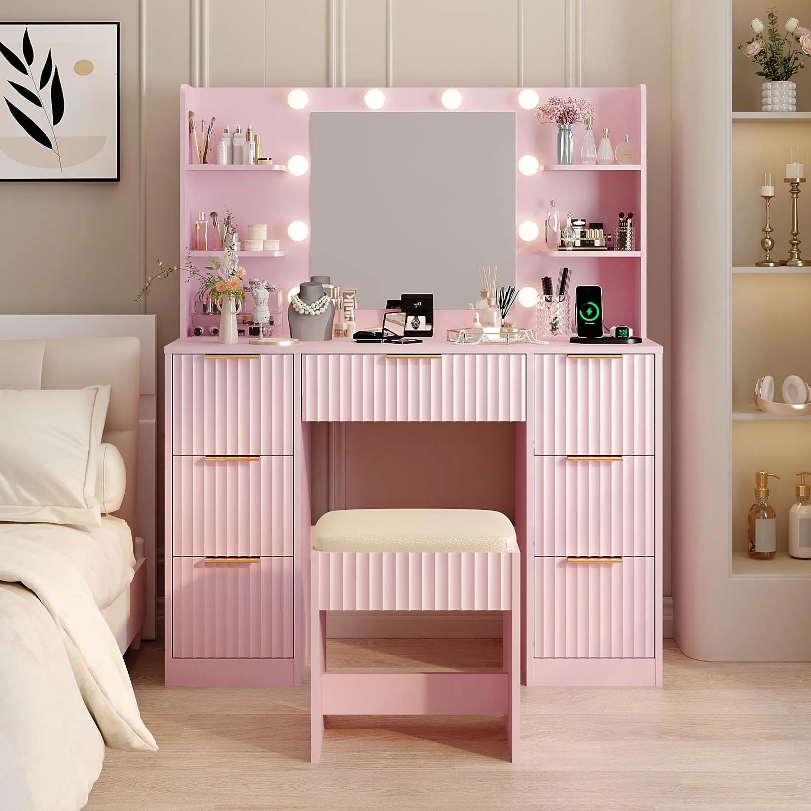 karlhome Pink Modern Fluted Makeup Vanity Desk with Mirror Lights Power Outlet 7 Drawers 4 Shelves Charging Station for Bedroom,dorm essentials,home decor