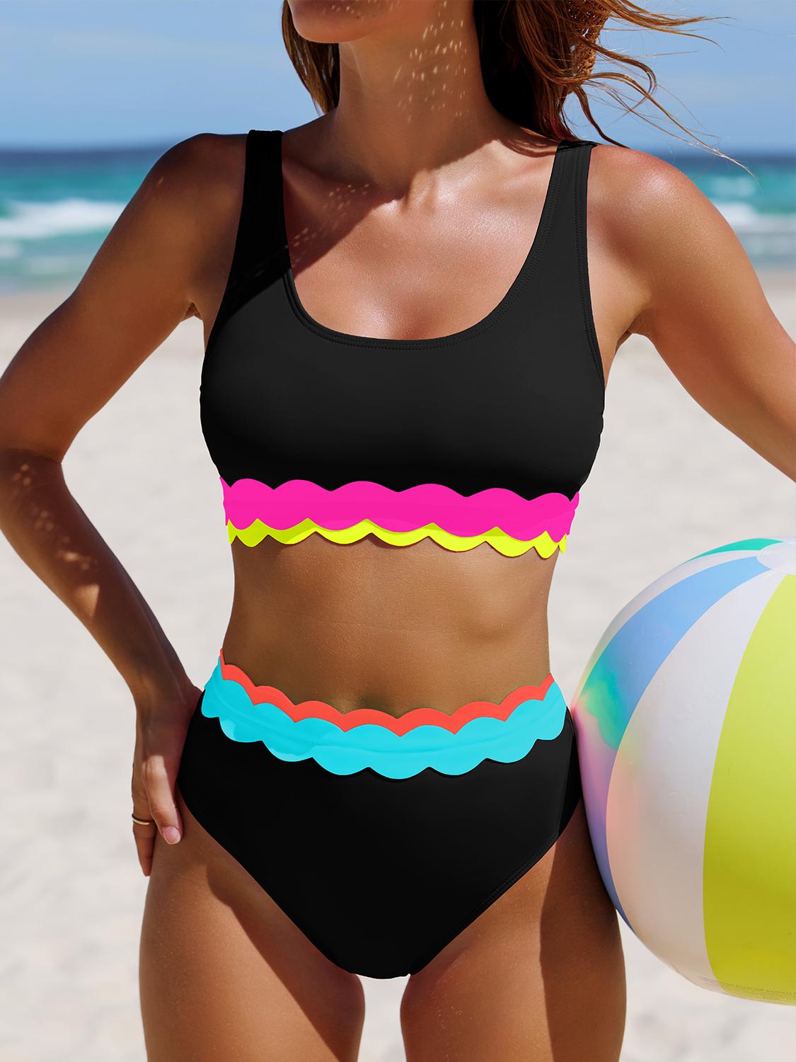 Popvil Resort Petal Edge High-Waisted Slimming Bikini Set Vacation Scalloped Trim Bikini Set for Women