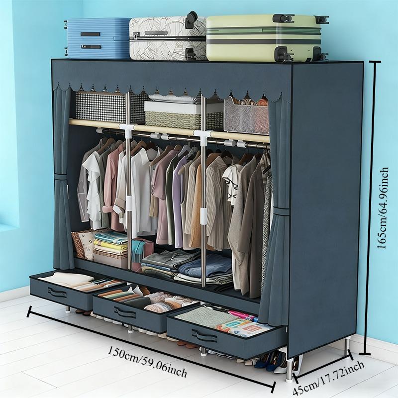 Portable Clothes Organizer for Small Spaces - Sturdy 16mm metal Frame, 3 Cubes + 3 Hanging Areas + 3 Drawers, Dust-Proof Closet for Quilts/Pillows clothing storage Closet Organizer apartment living room dressers for bedroom furniture set Wardrobe Armoire