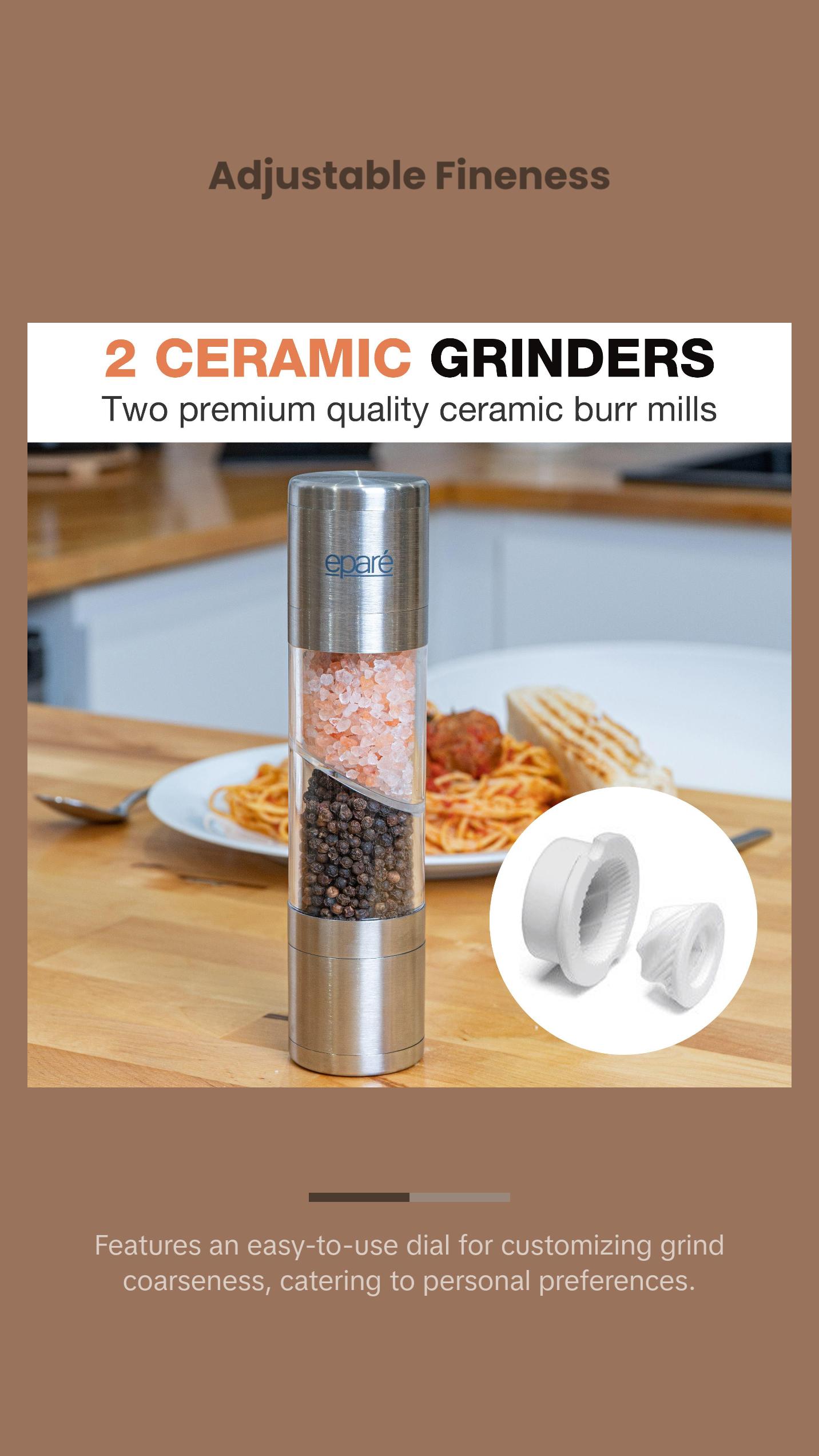 Eparé Dual Salt and Pepper Grinder Combo - 2 in 1 Refillable Peppermill Grinders