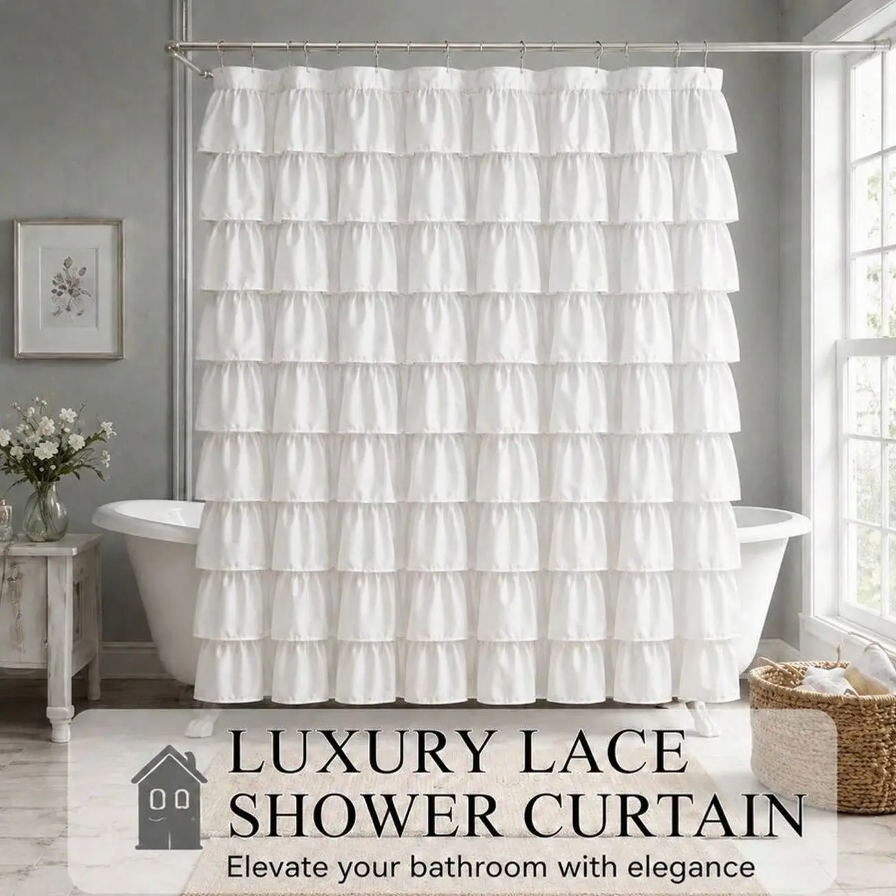 White Pleated Lace Shower Curtain 71x71 | Elegant Ruffle Bathroom Curtain | Multi-Layer Design | Polyester Washable Home Decor