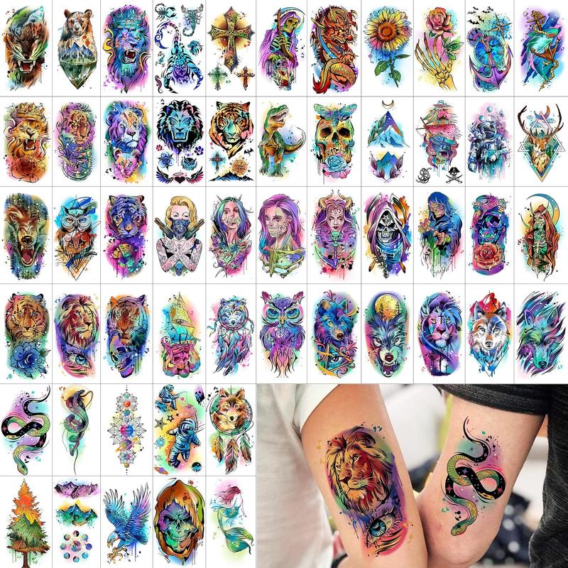 65/66 Sheets Watercolor Temporary Tattoos For Men Women Forearm Shoulder Legs Body Arm, 12 Sheets Long Lasting Lion Tiger Wolf Dragon Ealge Fake Tattoo Sleeve Adults, 53/54 Sheets Small Tatoos Kids