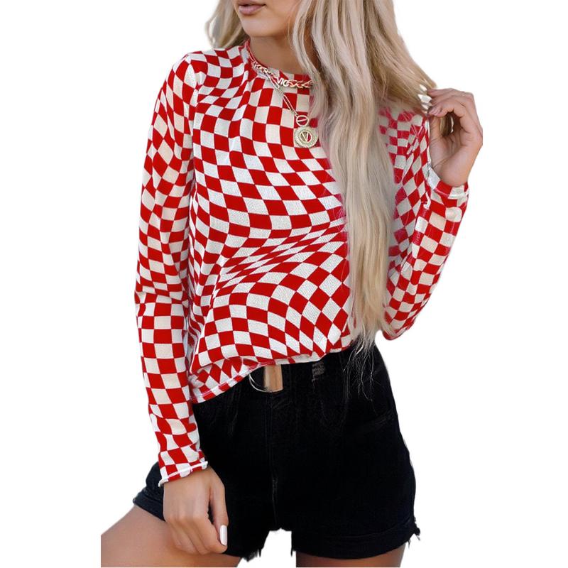 Znacicc Women's Super Chic Checkered Mesh Mock Neck  Winteroutfit Long Sleeve Top - Chic Shirt for Women - Womenswear