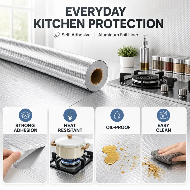 Self-Adhesive Aluminum Foil Kitchen Backsplash Wallpaper, 15.7 x 118 Inch Oil-Proof Waterproof Peel and Stick Countertop Cabinet Drawer Liner, Heat Resistant Easy Clean Silver Contact Paper