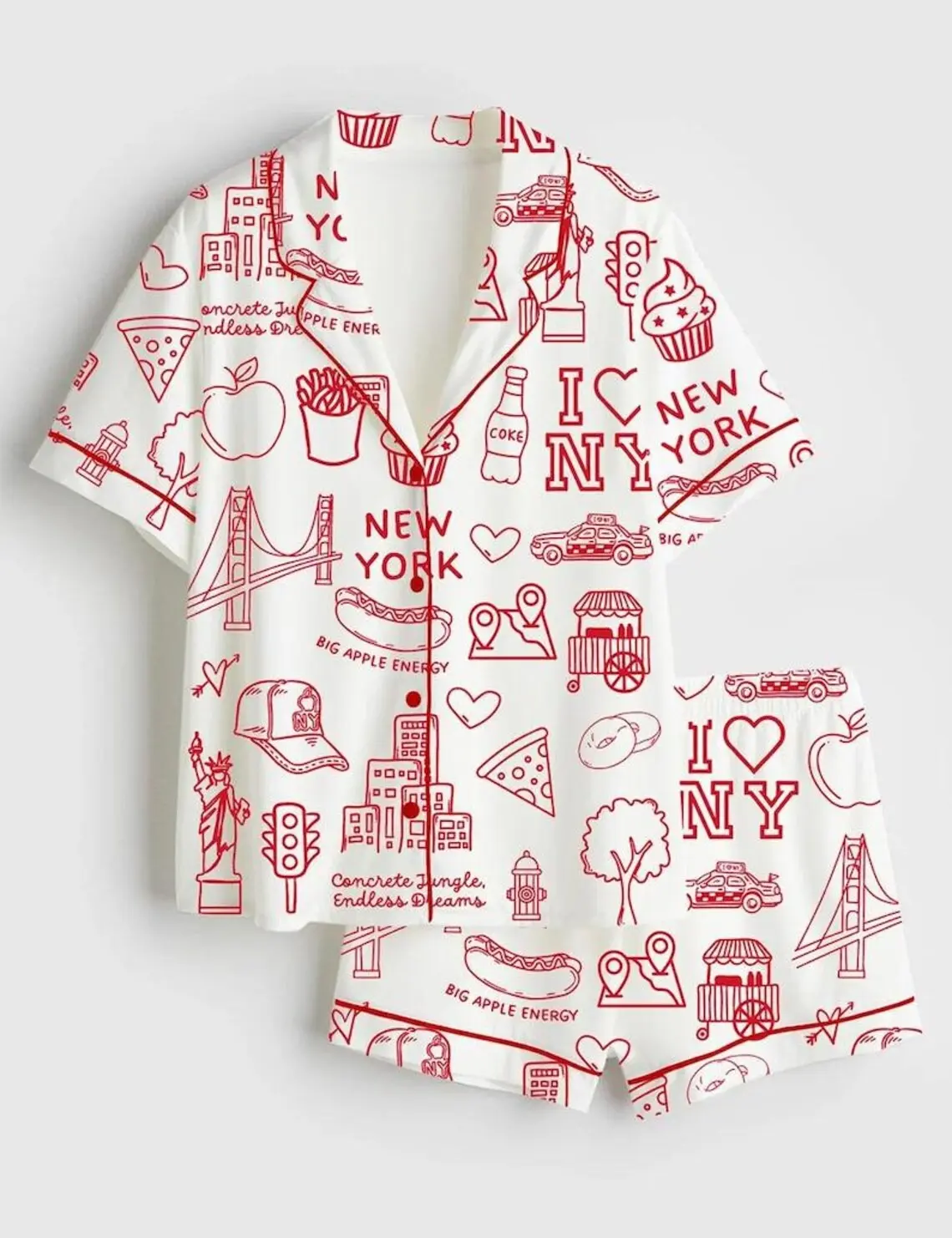 New York City Icons NYC Landmarks Big Apple Doodle Satin Pajama Set, Short Sleeve Satin Holiday PJs, NewYork Sleepwear Gift for Women #pajamas