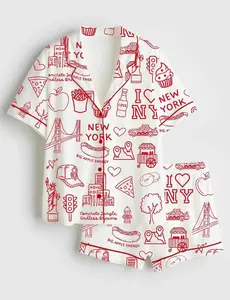 New York City Icons NYC Landmarks Big Apple Doodle Satin Pajama Set, Short Sleeve Satin Holiday PJs, NewYork Sleepwear Gift for Women #pajamas