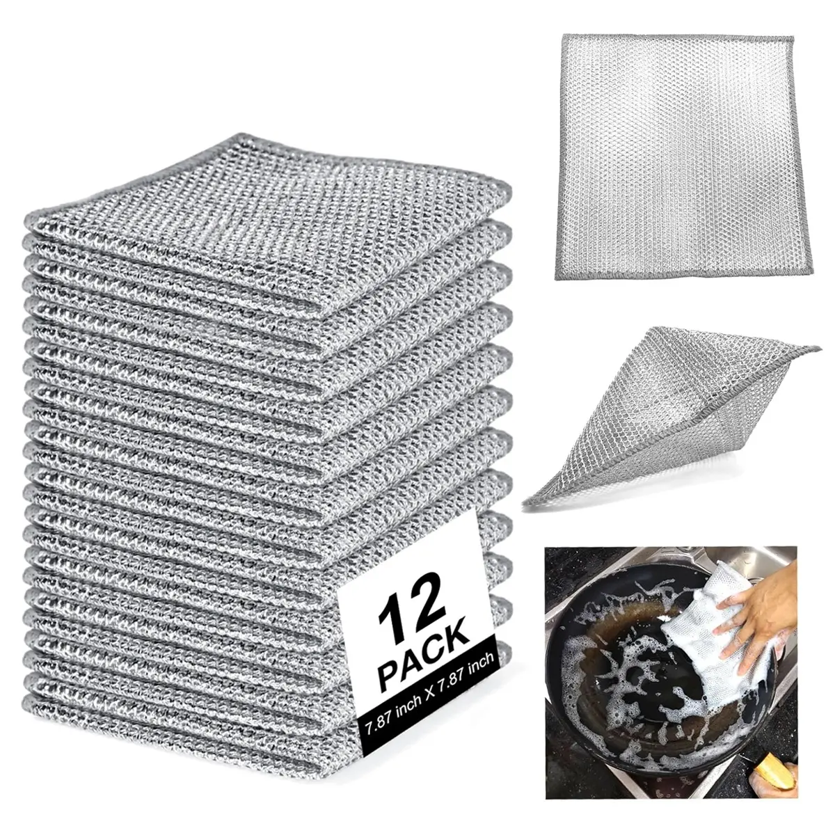 12 PCS Multipurpose Wire Dishwashing Reusble Dishwashing Rag Scrubs And Cleans For Kitchen Dishes Sinks Stove Tops Non-Stick Cookware