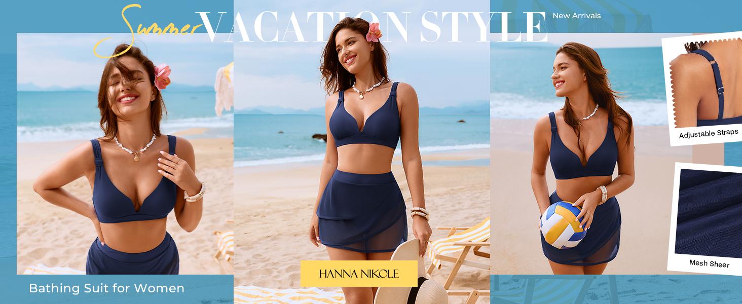 【S-2XL】Hanna Nikole Womens High Waisted Bikini Sets, Modest Tummy Control Swimsuits, 2 Piece Bathing Suits Mesh Swim Skirt