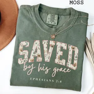 Comfort Colors Saved By Grace Bible Verse TShirt, Boho Cute Christian T-Shirt For Women,Trendy Jesus Tee, Christian Gift For Daughter