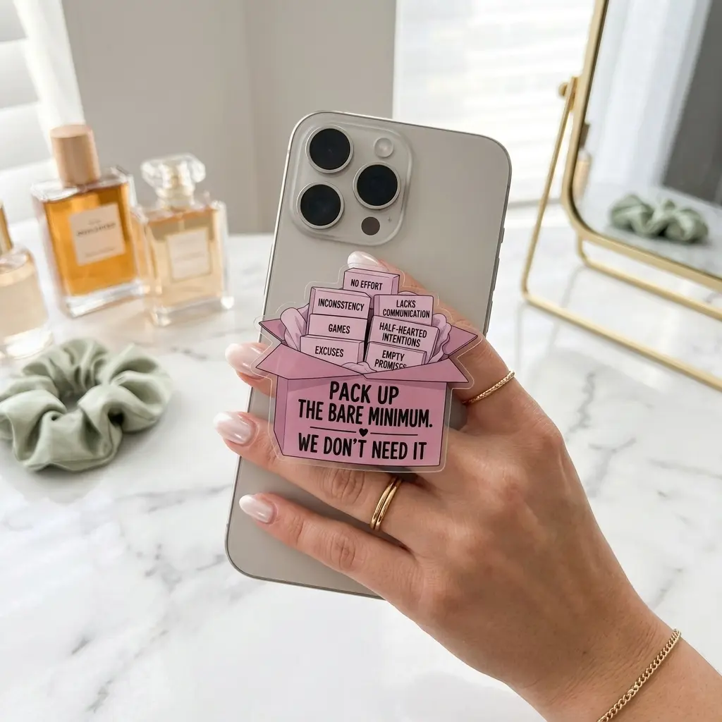Pack Up The Bare Minimum Phone Grip, Pink Relationship Quote Mobile Stand, Cute Self Love Phone Holder, Trendy Empowerment Accessories Gift For Her