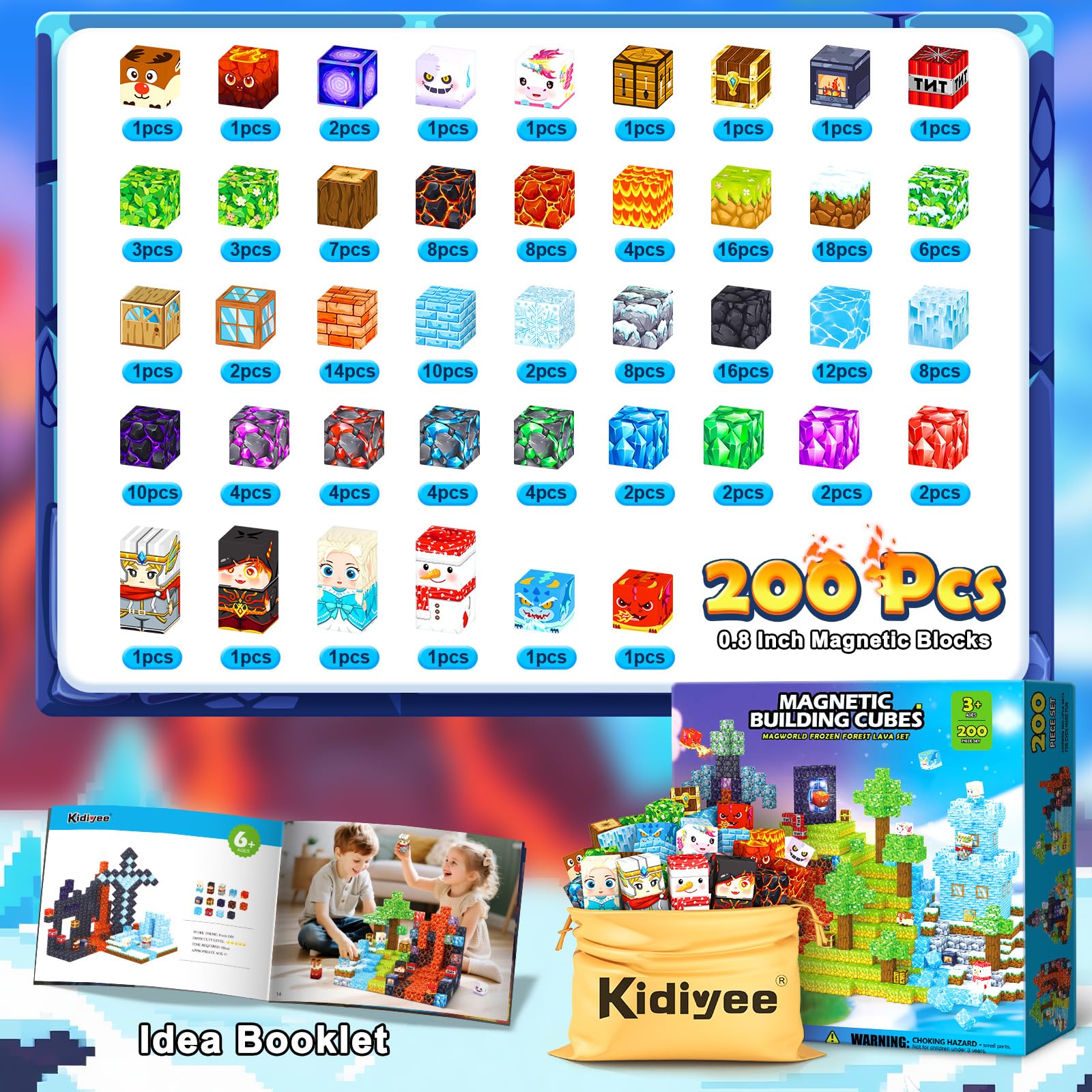 200PCS Magnetic Blocks Toys with Storage Bag Magnetic Board Sensory Toys Stacking Blocks, Build Mine Magnet World Birthday Gifts