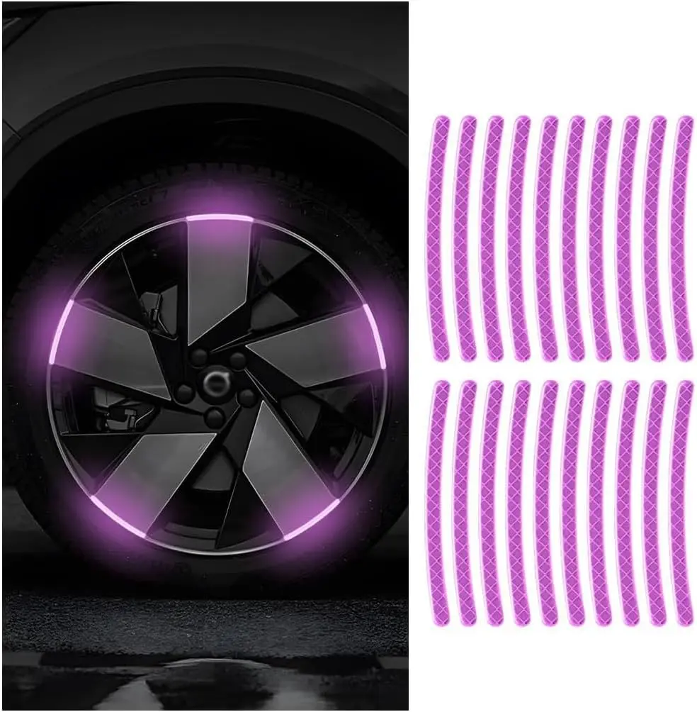 Zipelo 20PCS PVC Reflective Glow-in-the-Dark Car Wheel Decorative Stripe Stickers (0.27x3.54", Purple, Multicolor) - Honeycomb Adhesive, Waterproof, Scratch-Resistant, Universal Automotive Exterior Tire Rim Night Safety Accessories