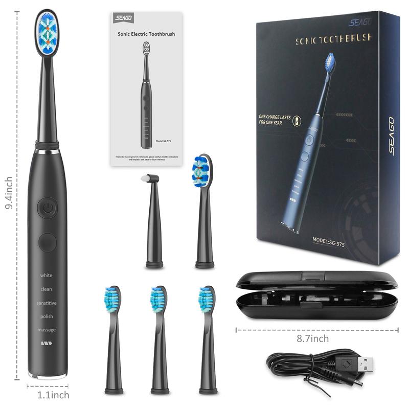 Sonic Electric Toothbrush, 5 Cleaning Modes, IPX7 Waterproof, 180-Day Battery Life, with 5 Brush Heads & Travel Case
