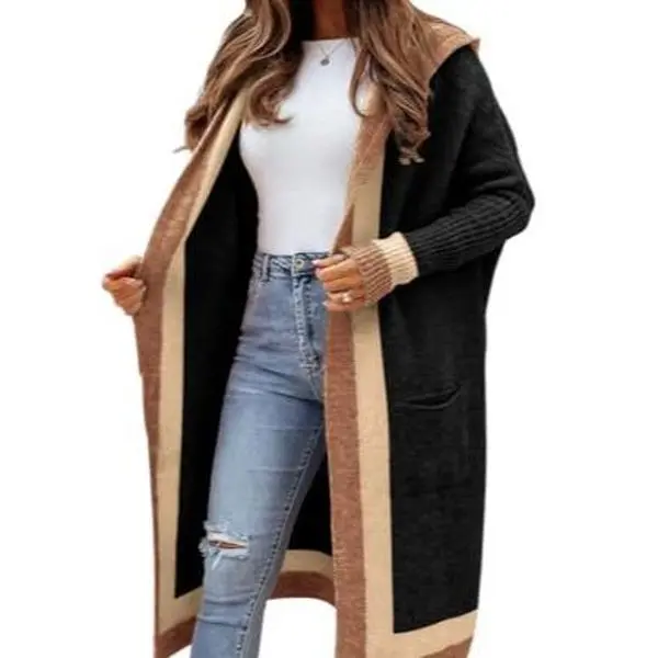 Chouyatou Women's Color Block Vertical Striped Open Front Oversized Hooded Long Cardigan Sweaters with Pockets Knitwear Tops,back to school,back to school shopping