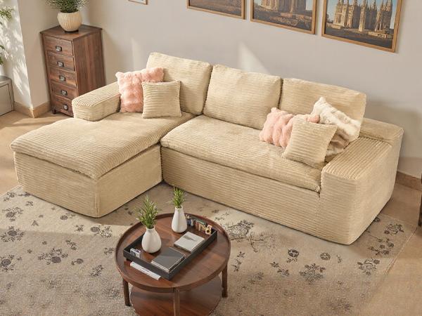 【Stock Up Sale】Ovios 106" Double Layer Cloud Modular Couch with Chaise, Plush Corduroy, No Assembly Required - L-Shaped Sectional Sofa Set with Flexible Configuration - 106"W x 69"D x 36"H, 3 Seater