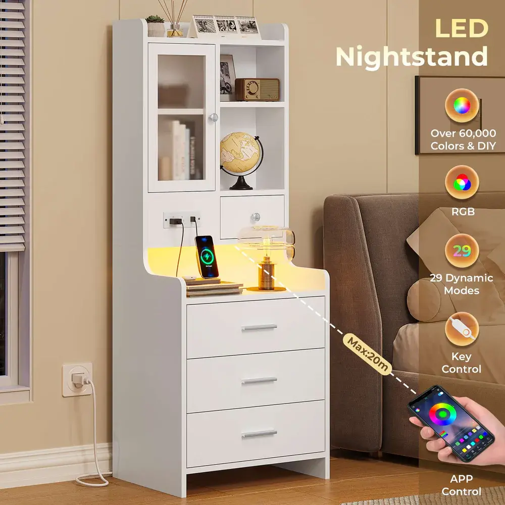 Sikaic LED Tall Nightstand with Charging Station, White Bedside Table with Drawers, Shelves and Glass Door Storage for Bedroom Furniture