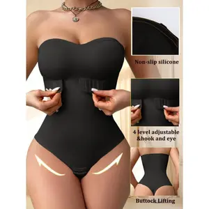 Women's seamless one-piece shapewear with detachable padding, solid color polyamide knit fabric, medium support, invisible shoulder straps, waist tightening shapewear -1 elegant black women's tight fitting chic piece