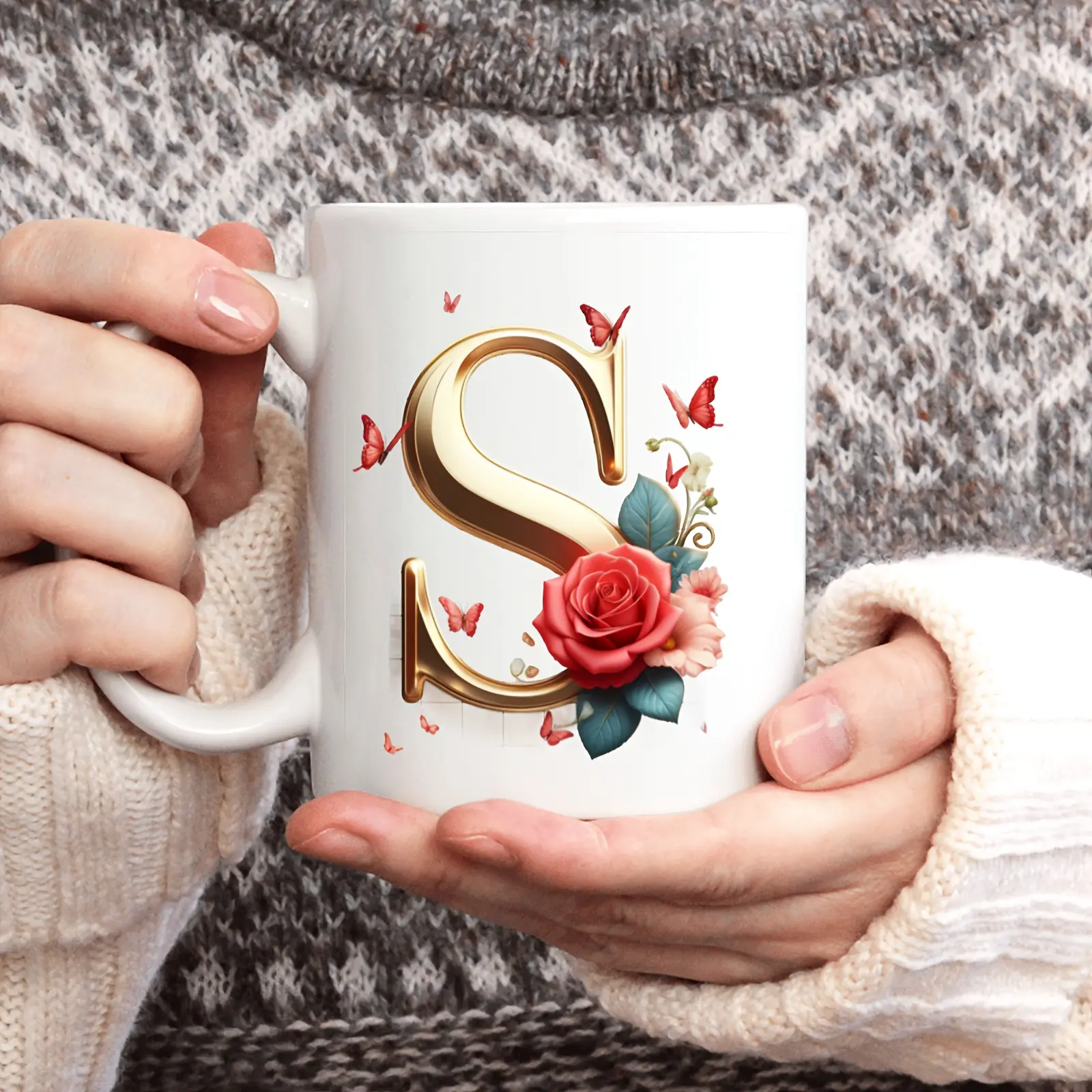 11oz BPA-Free Ceramic Coffee Mug - Wide Mouth, Letters & Floral Motif Design, BPA-Free Sipping, Ceramic Feels Steady in Hand, Microwaveable Portable Drinkware, Ideal for Gifting & Festivals (1pc)