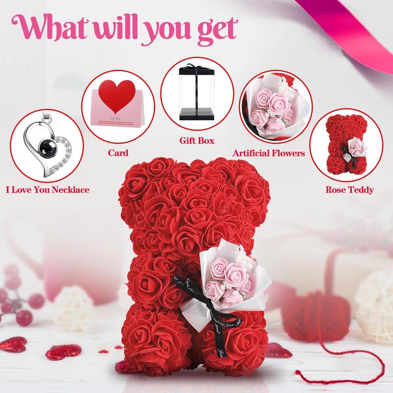 Rose Bear with Box - Artificial Flowers Rose Teddy Bear with Box, Greeting Card, Necklace - Cute & Romantic Valentine’s Day Gifts for Her, Women, Girlfriend, Wife (Red) Decor Decorative