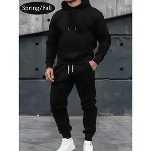 Men's spring and autumn thin personalized hoodie and sweatpants set, stylish casual men's clothing with pockets, street sports elastic waist drawstring trousers two-piece set, suitable as a gift for husband or boyfriend（gift）Gift