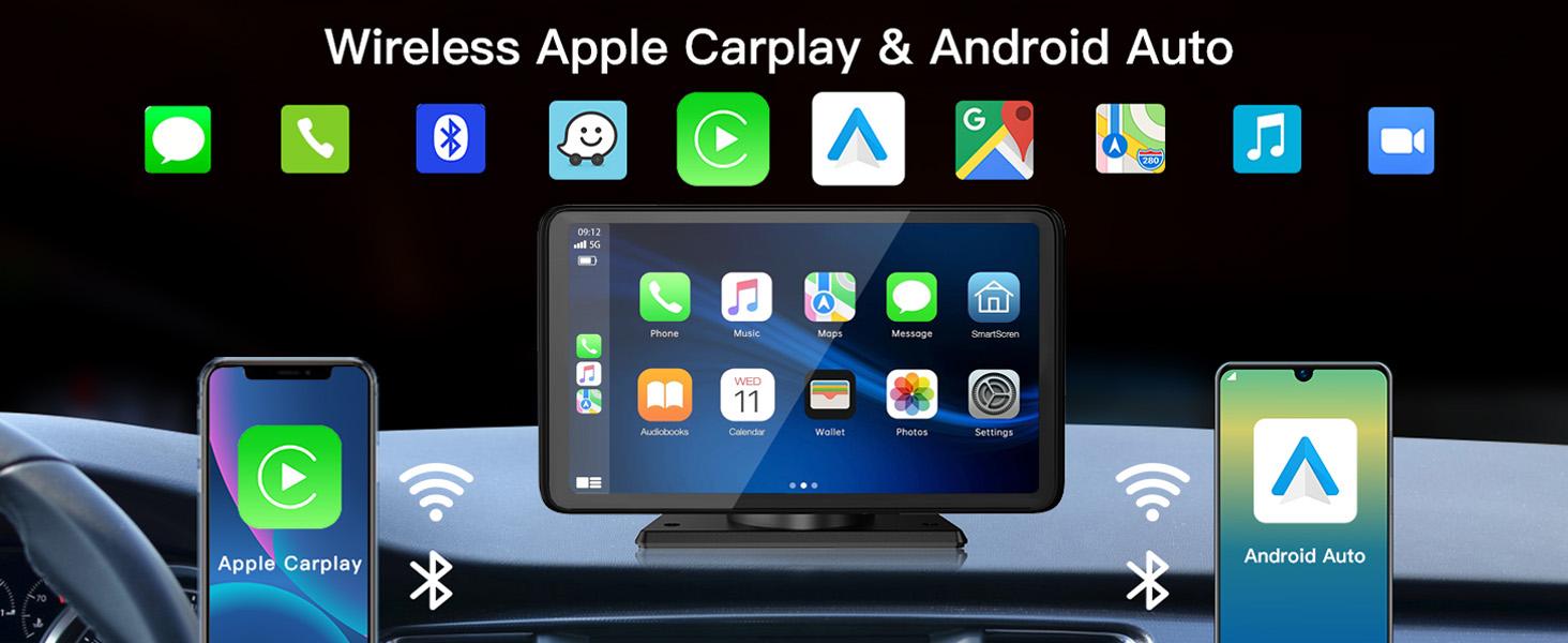 【HiEHA】2026 Wireless Portable Carplay and Android Auto 7" Touchscreen Bluetooth 5.2 Carplay Screen with Mirror Link AUX FM for All Vehicles
