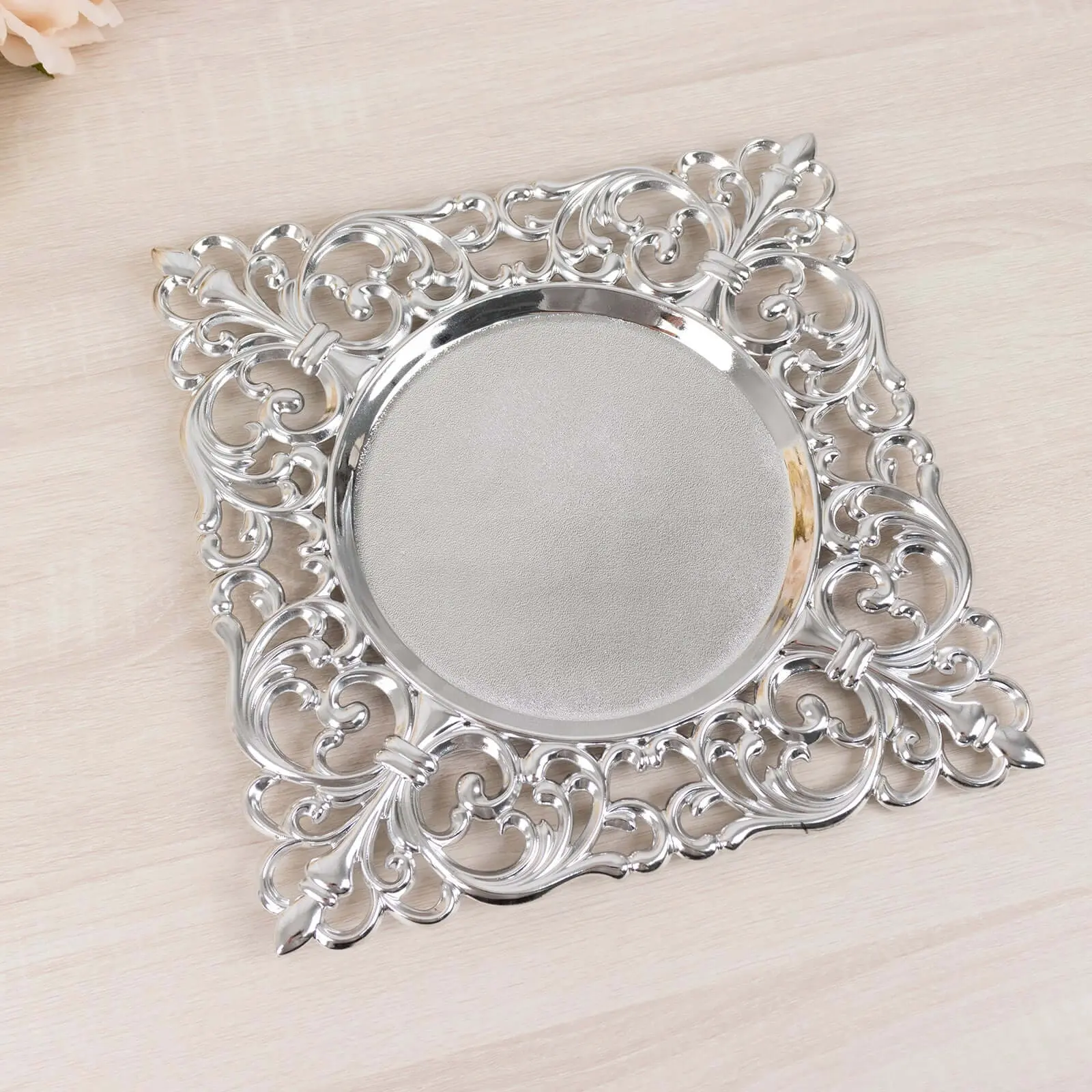6-Pack Acrylic Square Charger Plates 12" in Silver with Hollow Lace Border, Event Tabletop Decorative Charger Tableware