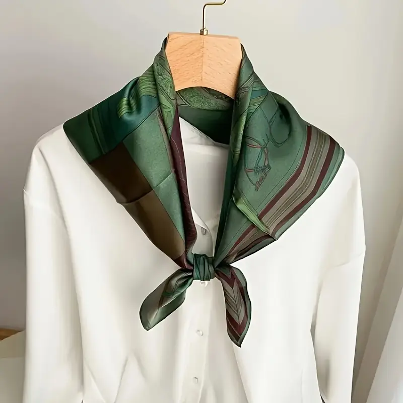 Green “Light‑Brightening” Imitation Silk Square Scarf for Women – Autumn Style, Trendy & Versatile, Premium High‑End Decorative Neck Wrap
