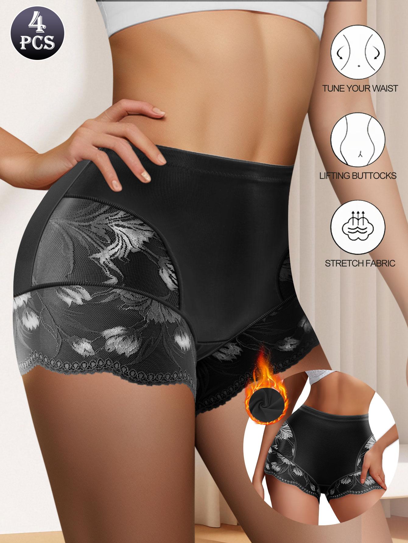 QUASTI 4PCS High-Waisted Glossy Fabric Lace Patchwork Women's Underwear, Soft Seamless Breathable Panties, Elegant Sexy Tummy Control Briefs, S-XXL SpringStatements