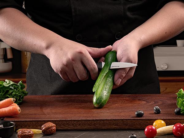 Astercook 14 Piece Knife Set with Built-in Sharpener, Non-Stick Black Hard Wood, Dishwasher Safe, Stainless Steel, Multipurpose Kitchen Cutting Block