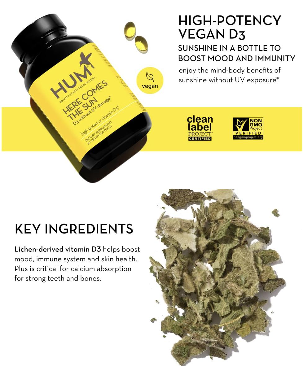 HUM Here Comes The Sun - Immune Support Supplement with Vitamin D to Support a Healthy Immune System & Calcium Absorption, Vegan Vitamin D3 to Support Radiant Skin, Mood + Bone Health (30 Softgels)