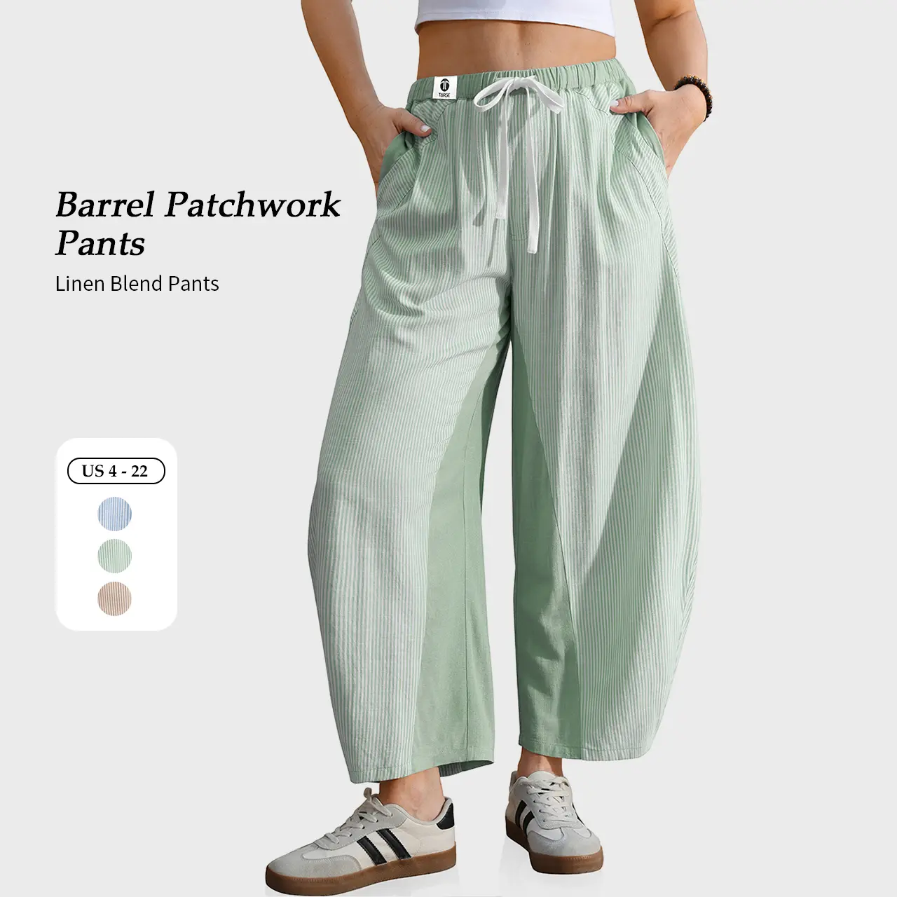 【SS26 Collection】TARSE Womens Wide Leg Barrel Pants Striped  Loose Fit Drawstring Elastic Waist Summer Boho Vacation Casual Trendy Pants with Pockets