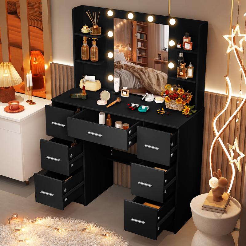 Black LED Dressing Mirror Makeup Table Bedroom Vanity Unit Set with 7 Drawers