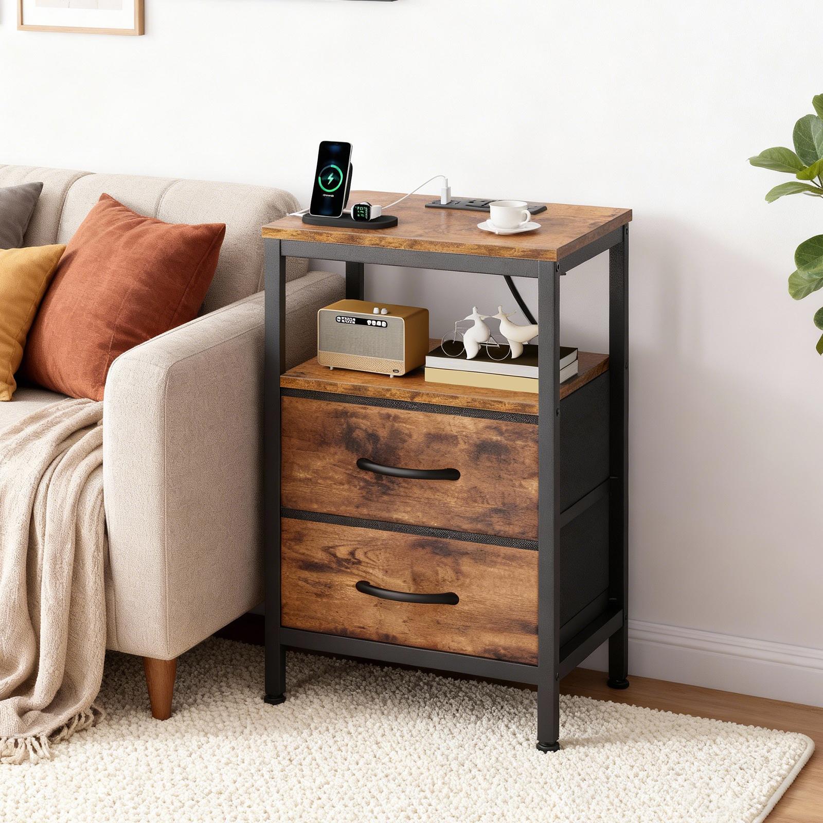 Fast Charging Bedside Table with 2 Fabric Drawers - Multi-Function Adjustable Storage Nightstand, 66 lb Load Capacity, Portable Side Table for Bedroom & Small Spaces