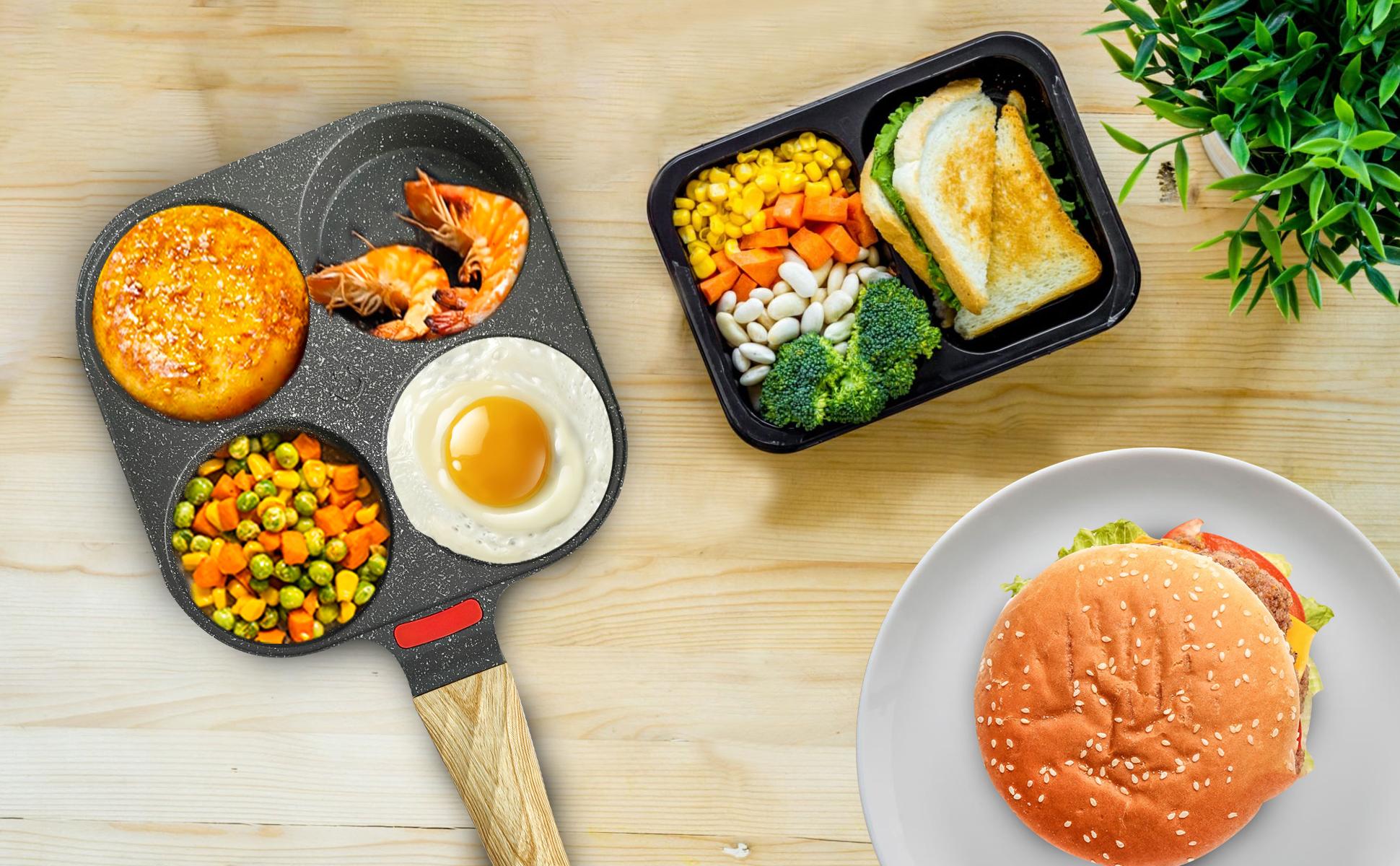 Non-stick Hole Design Egg Frying Pan, 4 Hole Skillet with Handle, Small Egg Fry Pan 3-in-1 Divided Grill Pan, Wooden Handle Stone Omelet Non-stick Cookware, Breakfast Pancake Pan, Kitchen Gadgets for Gas and Induction Cooktops gas stove