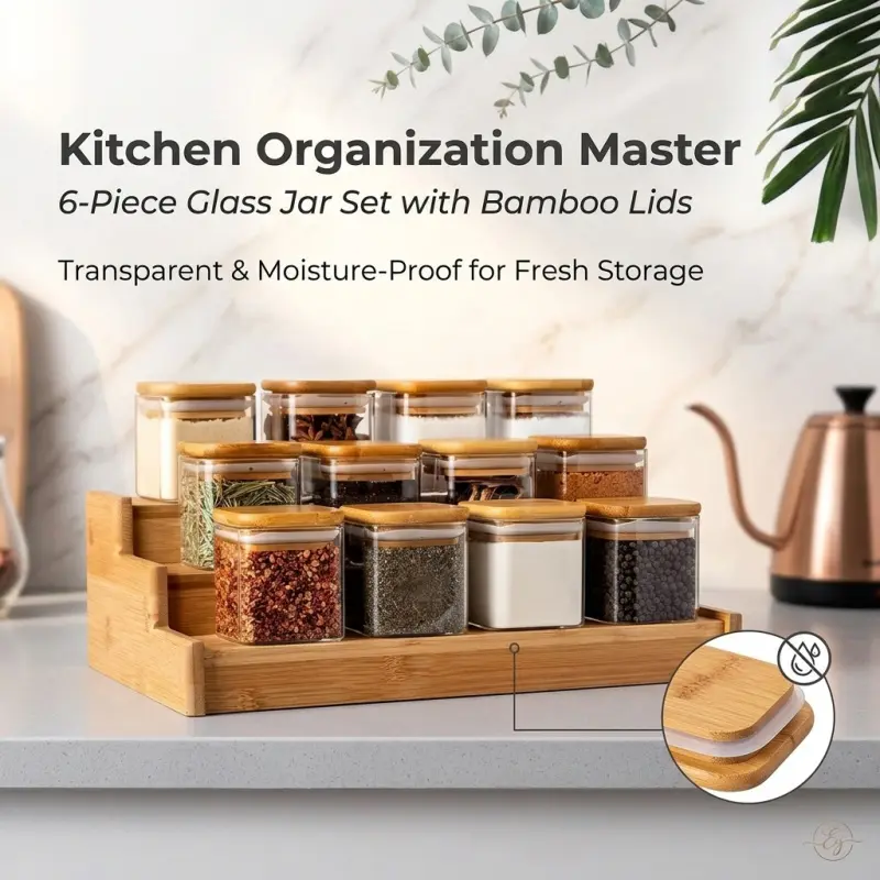 6-Piece Glass Jar Set with Bamboo Lids, Moisture-Proof Airtight Kitchen Storage Containers, Transparent Square Canisters for Pantry Organization, Keeps Dry Goods, Snacks and Cereals Fresh and Visible